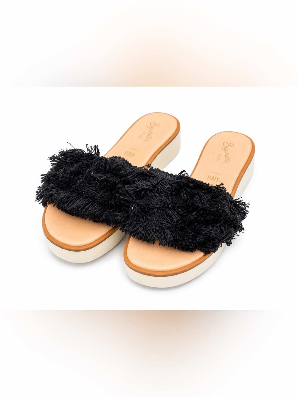 Seychelles 7.5 Black Fringe Platform Slide Sandals Boho Resort